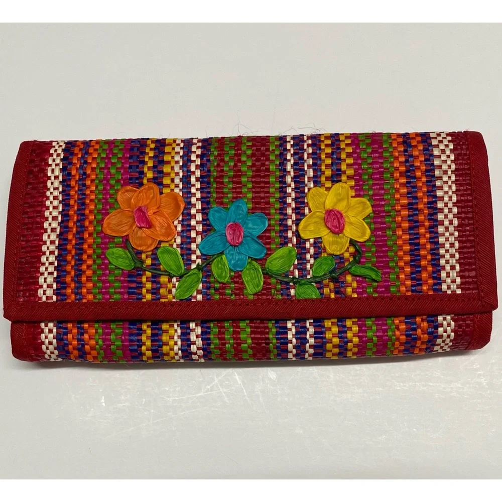 Vintage? Multi Color Woven Striped Clutch Wallet With Floral Design